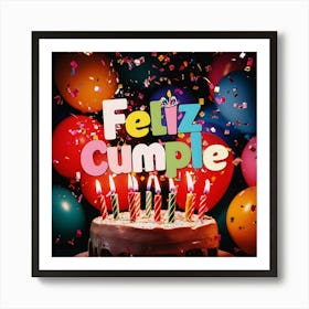 Feliz cumple and Feliz cumpleaños sign means Happy Birthday in Spanish language, Birthday party celebration gift with birthday cake candle colorful balloons best congratulation over light backgroundFeliz Cumple 6 Art Print