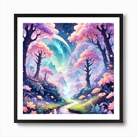 A Fantasy Forest With Twinkling Stars In Pastel Tone Square Composition Art Print