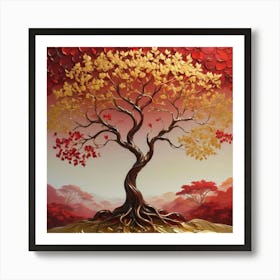 , solid color gradient tree with golden leaves and twisted and intertwined branches 3D oil painting Art Print