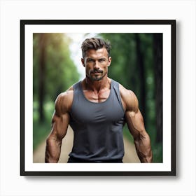 Muscular Man In The Forest Art Print