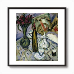 Teapot Bottle And Red Flowers Art Print