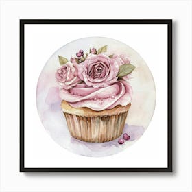 Watercolor Delicious Pink Flower Cupcake Art Print