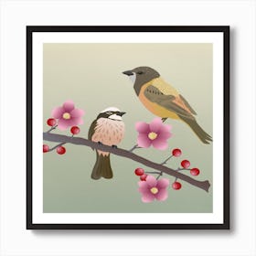 Two Birds Perched On A Branch Birds Flowers Animals Blossom Art Print