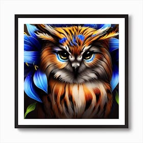 Owl With Blue Flowers 8 Art Print