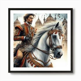 Medival Portugese Gentleman On A Horse Color Drawing Art Print