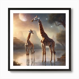 Giraffes In The Water Art Print