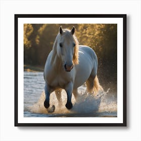 White Horse Running In the Water Art Print
