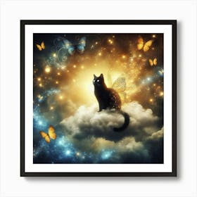 Black Cat On Cloud With Butterflies Art Print