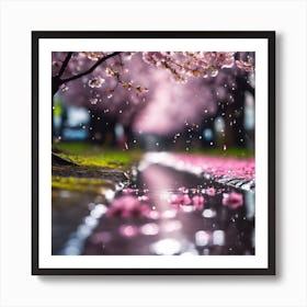 Pink Cherry Blossom on a Rainy Day Art Print