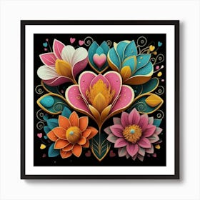 Abstract art of exotic flowers with vibrant abstract hearts in their designs, hearts, Art Print