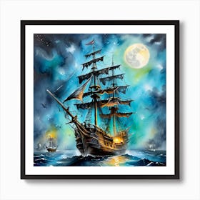 Pirate Ship At Night 2 Art Print