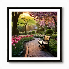 A Botanical Garden At Dawn Where The Dew Kissed Petals Of Roses And The Soft Whispers Of Opening Tulips Art Print