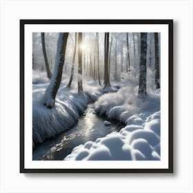 Banks of the Winter Woodland Stream in Snow 1 Art Print