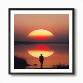 Man Standing By A Lake At Sunset Art Print