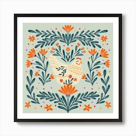 Blooming Chicken Teal And Orange Copy Art Print