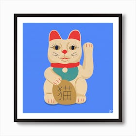 Maneki Neko Cat On Blue Square Art Print
