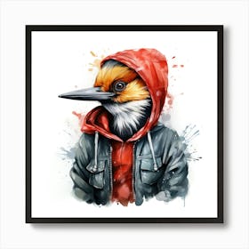 Watercolour Cartoon Woodpecker In A Hoodie Art Print