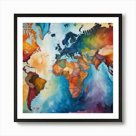 World Map Watercolor Painting Art Print