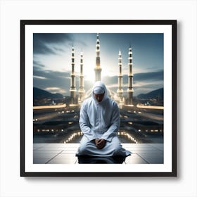 A 3d Dslr Photography Muslim Wearing Futuristic Digital Suit , Praying Towards Makkah Standing Tall Award Winning Photography Art Print