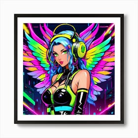 Neon Girl With Headphones 1 Art Print