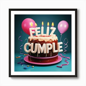 Feliz cumple and Feliz cumpleaños sign means Happy Birthday in Spanish language, Birthday party celebration gift with birthday cake candle colorful balloons best congratulation over light background wall artFeliz Cumple 24 Art Print