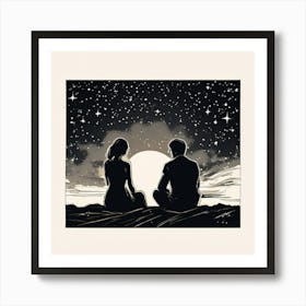 A Single Elegant Line Drawing Of A Men And Woman Art Of Sitting To Gather Alone Back Side Pose , Starry Night Art Print