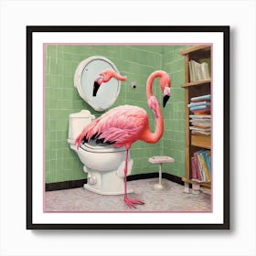 Flamingo In The Bathroom Art Print