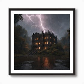 An Abandoned Large Palace In The Midst Of A Dark Forest With Eerie Rainy Weather And The Predomin Art Print