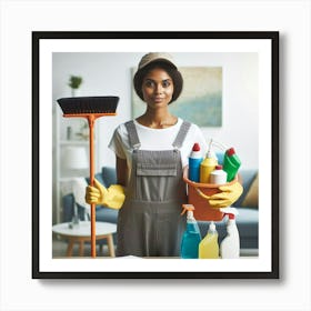 Housekeeper Holding Cleaning Supplies Art Print