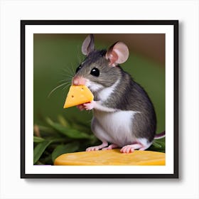 Surrealism Art Print | Mouse Holds Cheese Wedge On Block Of Cheese Art Print