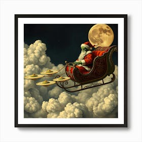 Alien Santa Claus Flying over Clouds Art Print