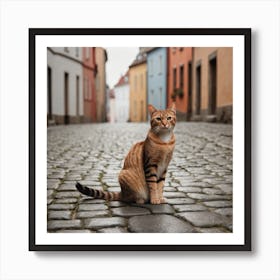 A Cat Walks On Its Hind Legs Down A Cobblestone Street Lined With Buildings 1 Art Print