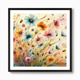 Whimsical Watercolor Painting Of Whimsical Wildflowers Dancing In The Wind, Style Watercolor Illustration 3 Art Print