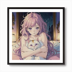 Sweet Dreams With A Cat: A Girl With Purple Eyes And Pink Curly Hair Snuggles A Cat Plushie On Her Bed Art Print