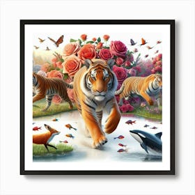 Tiger And Dolphins Art Print