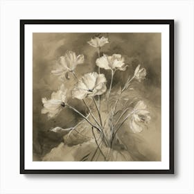 soft Neutral, flower still life, loose, Pen and Ink Drawing, drypoint, fine art Art Print