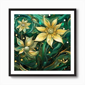 Abstract Gold Flowers On Green Background Art Print