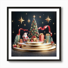 3d Christmas Podium With Santa And Christmas Tree Art Print