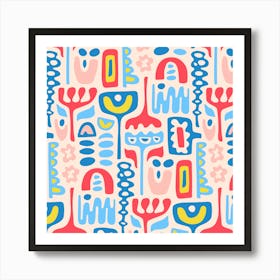 DREAMSCAPE Retro 70s Abstract Organic Floral Botanical Shapes in Icy Blues Red Pink Sunshine Yellow on Cream Art Print