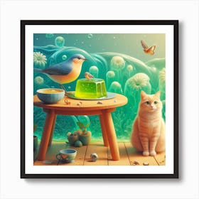 Cat And A Bird Art Print