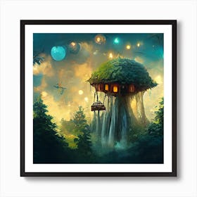 Myeera Giant Tree House Waterfalls Steampunk Style Fairies And 1 Art Print