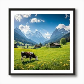 Alpine Meadow With A Cow Grazing Spring Setting Blossoming Flowers Dotting The Lush Grass Warm Su Art Print