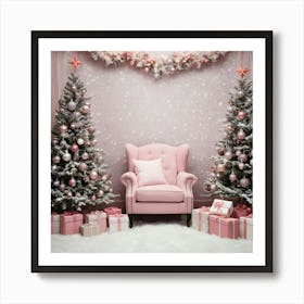 Pink Chair With Christmas Trees Art Print