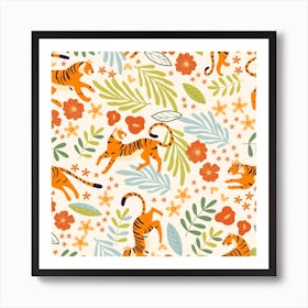 Floral Tiger Pattern With Colorful Decoration Square Art Print