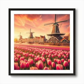 Amsterdam S Iconic Windmills Standing Tall Amidst Vibrant Tulip Fields, Style Dutch Golden Age 2 Art Print