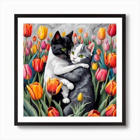 Two Cats Hugging Tulips Art Print