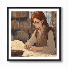 freckles freckled cheeks freckled wearing spectacles Renaissance reporter writing in a journal with a quill baroque oil painting rachel weisz ln illustration concept art lotr anime key visual portrait long flowing brown hair brown eyes fine detail delicate features gapmoe kuudere trending pixiv by victo ngai fanbox by greg rutkowski makoto shinkai takashi takeuchi studio ghibli Art Print