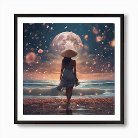 Woman Walking On The Beach At Night Art Print