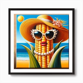 Corn with Pearl Earrings and Sunglasses: A Realistic and Pop Art Painting Art Print
