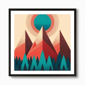 Title: "Radiant Eclipse Over Pine Ridge"  Description: "Radiant Eclipse Over Pine Ridge" captures a mesmerizing celestial event above a forested mountain range. The artwork presents an eclipse with a radiant teal core encircled by warm rings, casting a dynamic glow on the angular crimson peaks below. The foreground features a contrasting array of teal pines, set against the soft cream backdrop that enhances the artwork's modern aesthetic. This piece beautifully merges elements of abstract geometry with the organic forms of a natural landscape, creating a visually stunning homage to the wonders of the cosmos and the majesty of mountain terrains. It's an ideal choice for those seeking a fusion of contemporary design with the timeless beauty of the natural world. Art Print